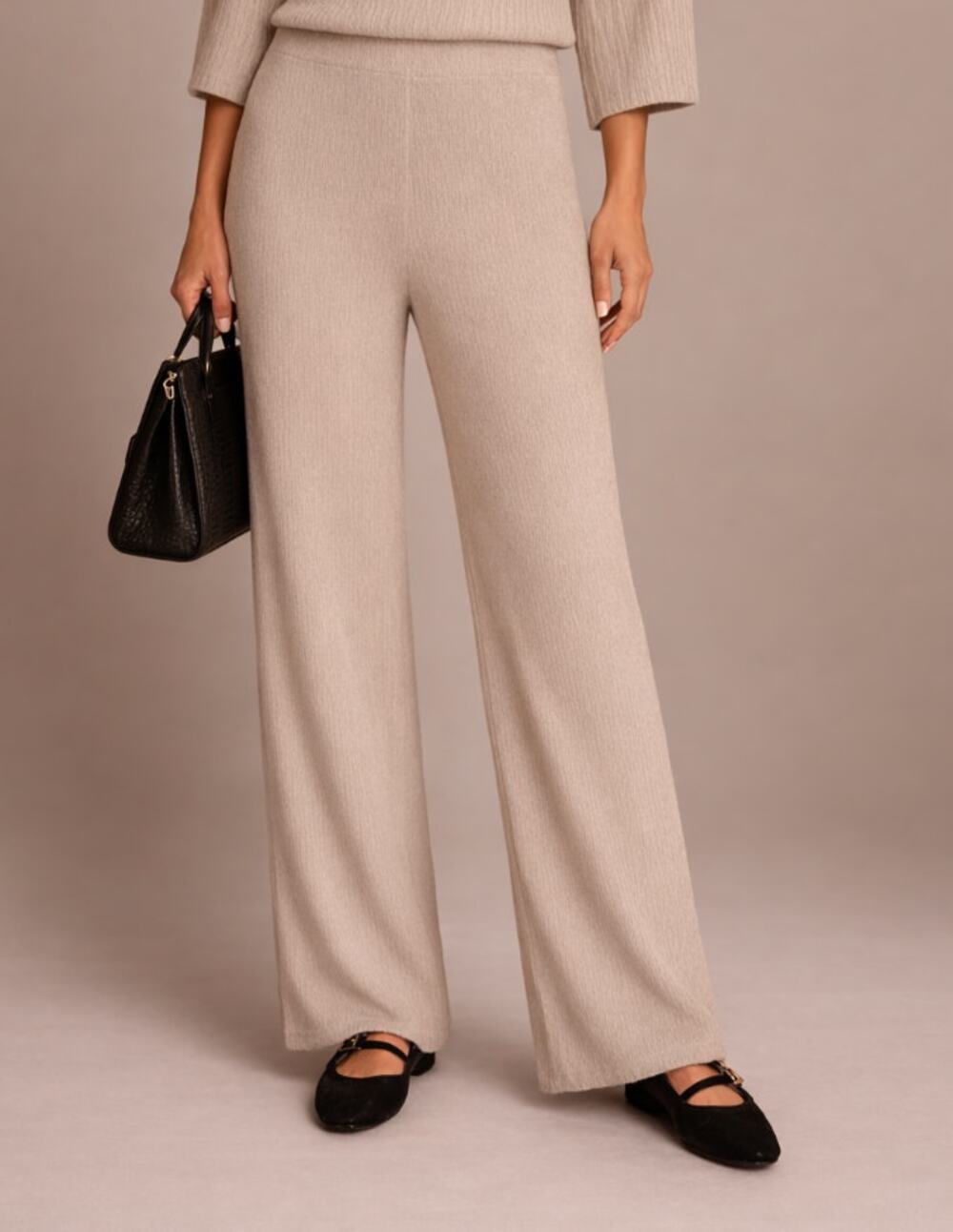 Donna Karan Wide Leg Pants Beige Knit High Rise Pull On Stretch XL NWT